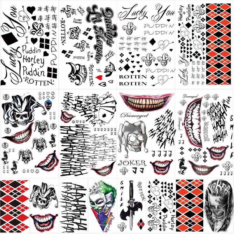 Zomme 23 Sheets Halloween Joker Tattoos for Men Women Adults, Halloween Face Fake Temporary Tattoos, Halloween Snake Skull Bat Spider Scar Fake Tattoos Set for Halloween Cosplay Makeup Party Accessories - Image 1