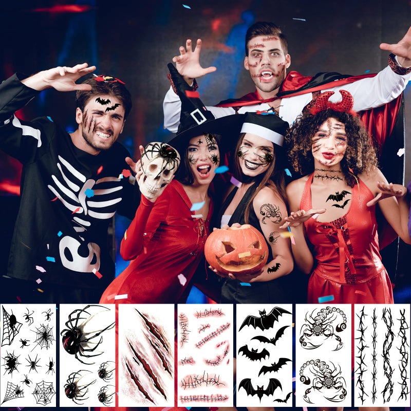Zomme 23 Sheets Halloween Joker Tattoos for Men Women Adults, Halloween Face Fake Temporary Tattoos, Halloween Snake Skull Bat Spider Scar Fake Tattoos Set for Halloween Cosplay Makeup Party Accessories - Image 5
