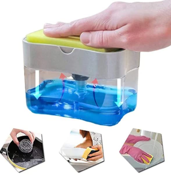 Auraaq 2 in 1 Soap Dispenser for Kitchen Accessories I Dishwasher Liquid Holder I Dishwashing Liquid soap Pump Dispenser with Sponge Pack of 1, 400 ML - Image 2