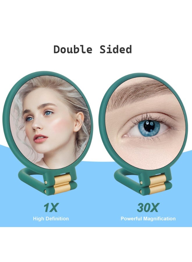KISSUN 30x Magnifying Mirror, Travel Hand Mirrors with Handle - Double Side Handheld Mirror with 1X 30X Magnification & Adjustable Handle/Stand, Hand Held Foldable Travel Mirror for Makeup(Army Green) - Image 2