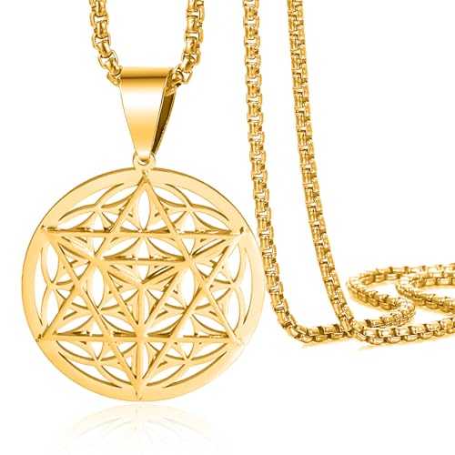VASSAGO Merkabah on Flower of Life Necklace Mandala Necklace Geometry Star Tetrahedron Merkaba Pendant Necklace Buddhist Lotus Flower Mandala Pendant Jewelry Gift for Women Men (Gold Merkaba Necklace) - Image 1