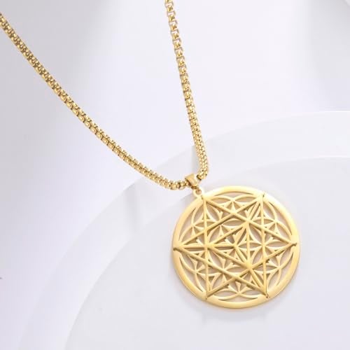 VASSAGO Merkabah on Flower of Life Necklace Mandala Necklace Geometry Star Tetrahedron Merkaba Pendant Necklace Buddhist Lotus Flower Mandala Pendant Jewelry Gift for Women Men (Gold Merkaba Necklace) - Image 3