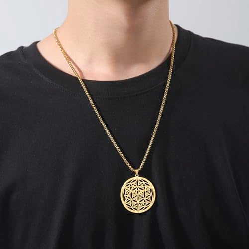 VASSAGO Merkabah on Flower of Life Necklace Mandala Necklace Geometry Star Tetrahedron Merkaba Pendant Necklace Buddhist Lotus Flower Mandala Pendant Jewelry Gift for Women Men (Gold Merkaba Necklace) - Image 2