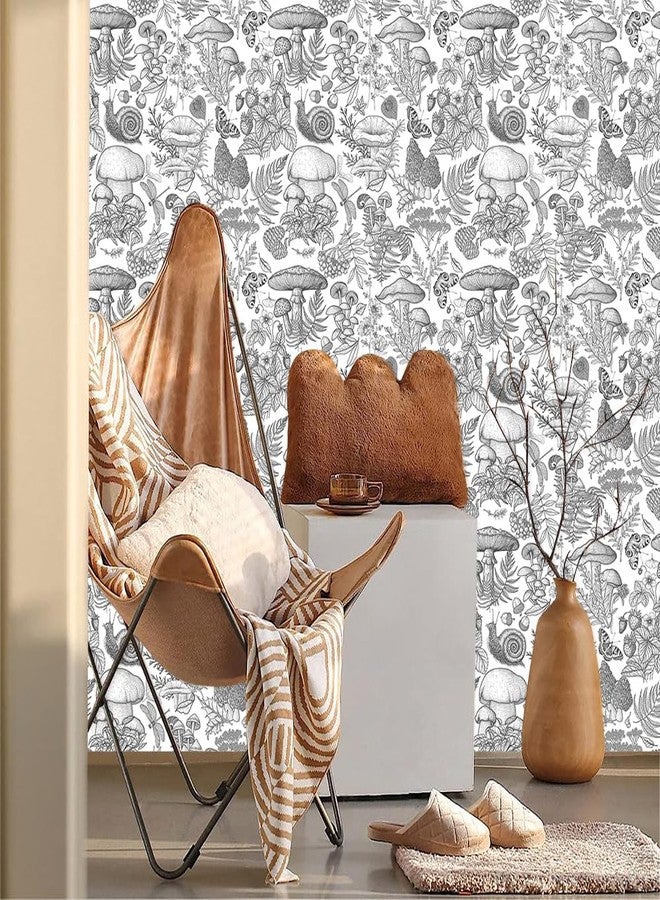 MuralPeel ورق جدران MuralPeel أسود وأبيض بنقشة فطر، حلزون، فراشة، حيوانات نباتية، سهل اللصق والإزالة، مناسب لغرف النوم والخزائن، ومناسب للمستأجرين. - Image 2