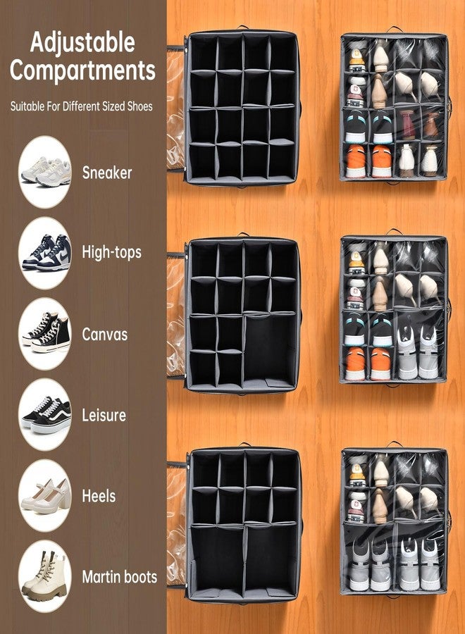 INSTY 2 Pack Shoe Organizer for Closet,Fits up to 32 Pairs,Adjustable Dividers for Shoe Storage,Fabric Shoe Storage Bins with Clear Cover,Grey - Image 3