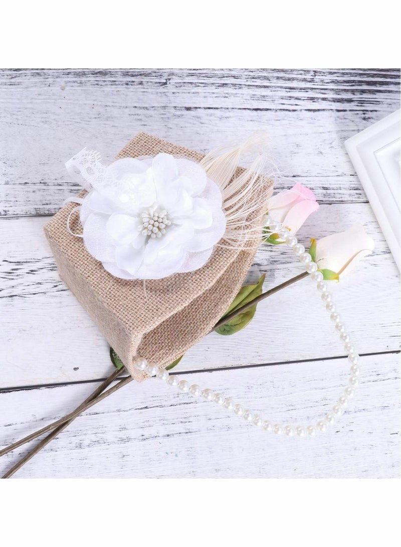 Wedding Flower Girl Basket with White Pearl Ribbon Flower, Rustic Burlap Hamper Jute Basket, Rose Pearl Storage Basket for Engagement, Wedding, Ceremony, Decoration, Photo Props - Image 4