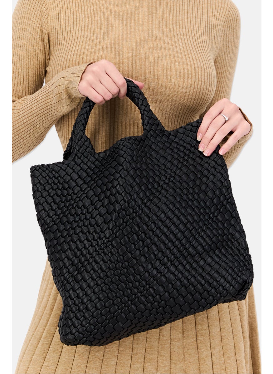 London Fog Women Braided Shopper Bag 34 H x 38 L x 9 W cm, Black  - Image 2