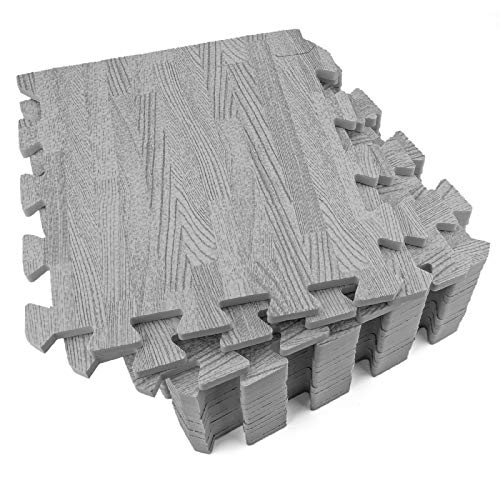 Tebery 16 Pieces Printed Wood Grain Interlocking Floor Tiles 3/8-Inch Thick EVA Foam Grey Puzzle Floor Mat - Image 1