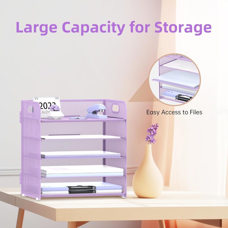 SUPEASY 2 Pack 5-Tier Purple Desk Organizer with Handle Mesh Desk File/Paper Organizer Letter Tray for Office, School and Home Easy Installation Purple Office Supplies - Image 4