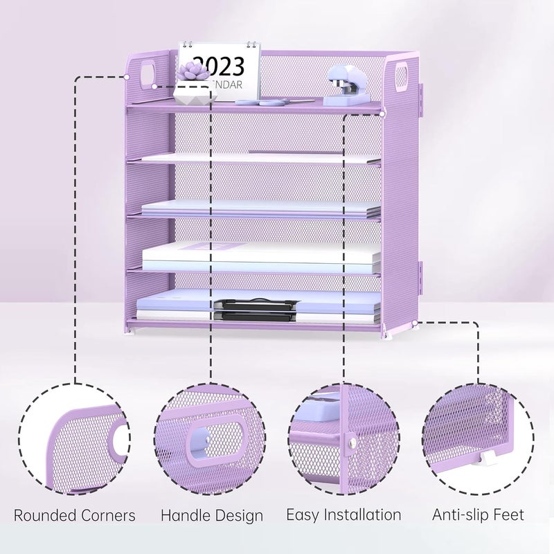 SUPEASY 2 Pack 5-Tier Purple Desk Organizer with Handle Mesh Desk File/Paper Organizer Letter Tray for Office, School and Home Easy Installation Purple Office Supplies - Image 3