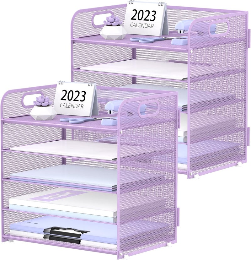 SUPEASY 2 Pack 5-Tier Purple Desk Organizer with Handle Mesh Desk File/Paper Organizer Letter Tray for Office, School and Home Easy Installation Purple Office Supplies - Image 1