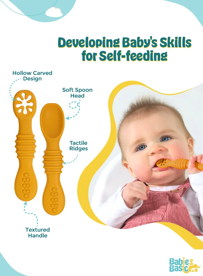 Babies Basic Soft Tip Bpa Free Silicone First Stage Training Spoon With Masher- Yellow