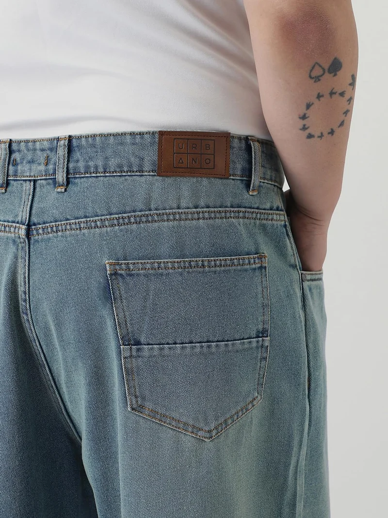 Urbano Fashion  Urbano Plus Men's Ice Blue Loose Baggy Fit Heavy Washed Jeans Non-Stretchable  | Best Price UAE