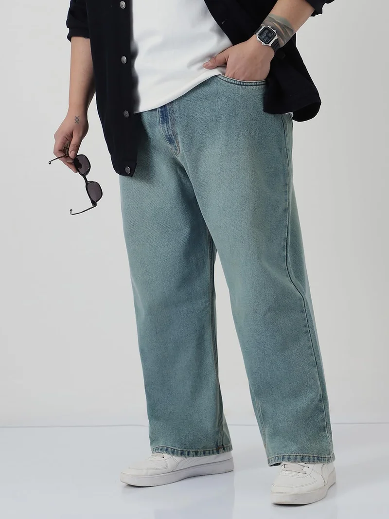 Urbano Plus Men's Ice Blue Loose Baggy Fit Heavy Washed Jeans Non-Stretchable