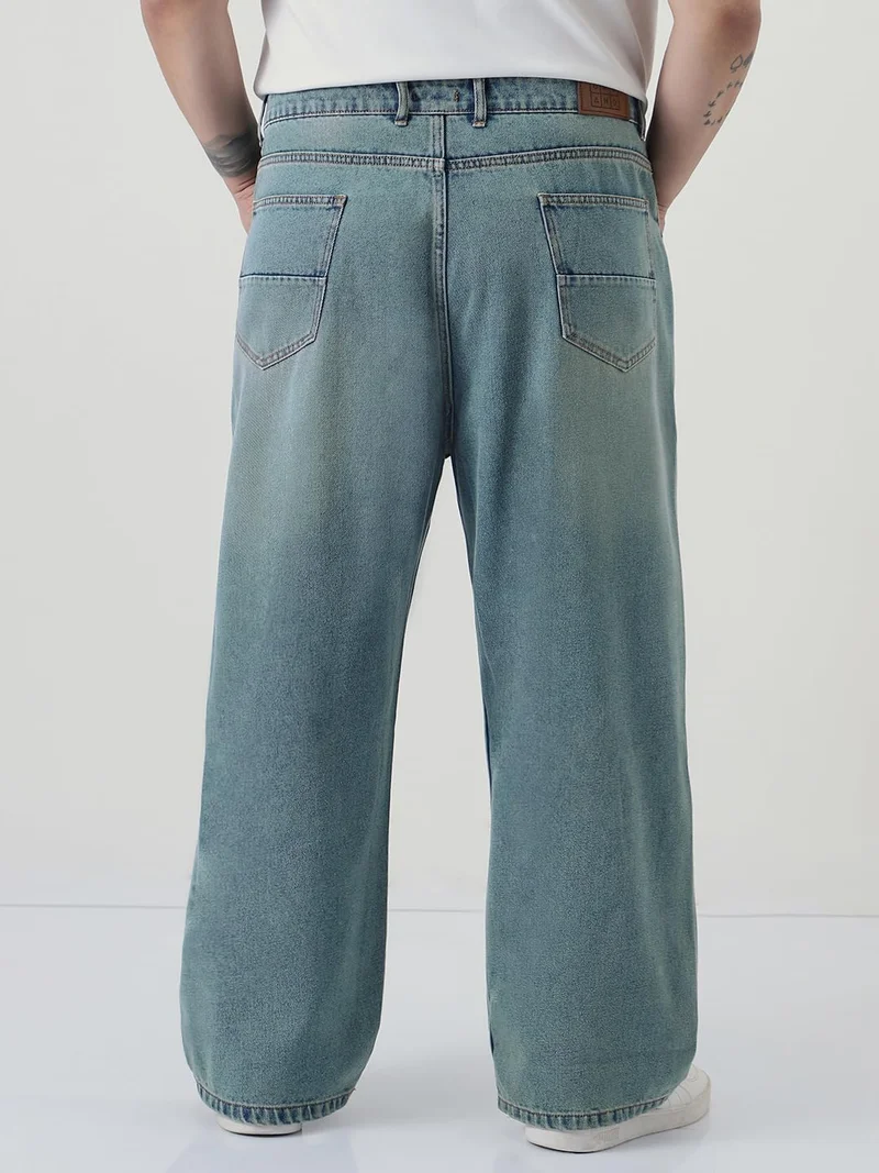 Urbano Fashion  Urbano Plus Men's Ice Blue Loose Baggy Fit Heavy Washed Jeans Non-Stretchable  | Best Price UAE