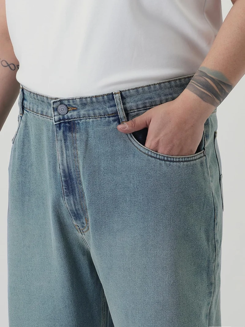 Urbano Fashion  Urbano Plus Men's Ice Blue Loose Baggy Fit Heavy Washed Jeans Non-Stretchable  | Best Price UAE