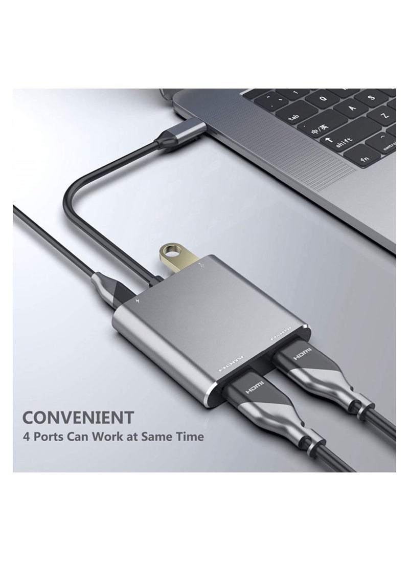 USB C to Dual HDMI Adapter, 4 in 1 USB Type C Hub with 2 HDMI (4K@30Hz) / USB3.0/ PD Charging, Dual HD Screen Display USB-C Docking Station for Windows, for MacOS