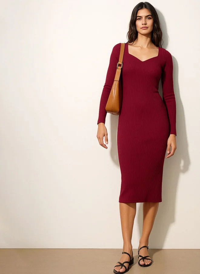 SASSAFRAS Maroon Ribbed Bodycon Midi Dress for Women