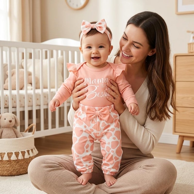 Baby Girl Long Sleeve Romper Set with Printed Pants and Bow Headband (3PCS) - Image 4