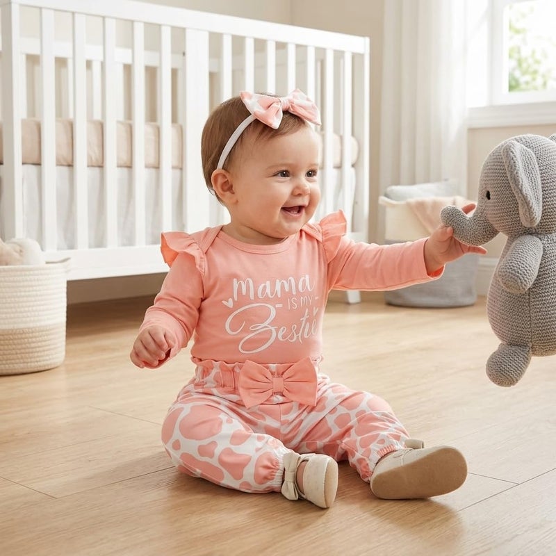 Baby Girl Long Sleeve Romper Set with Printed Pants and Bow Headband (3PCS) - Image 2