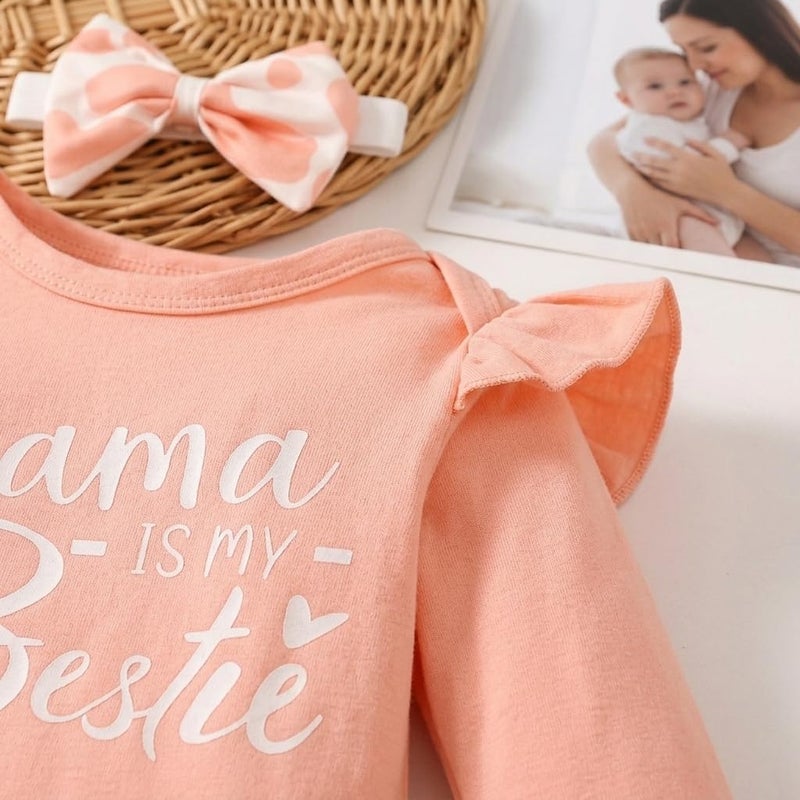 Baby Girl Long Sleeve Romper Set with Printed Pants and Bow Headband (3PCS) - Image 3