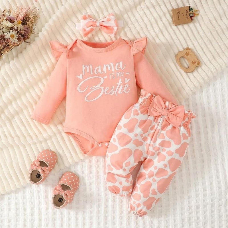 Baby Girl Long Sleeve Romper Set with Printed Pants and Bow Headband (3PCS) - Image 1
