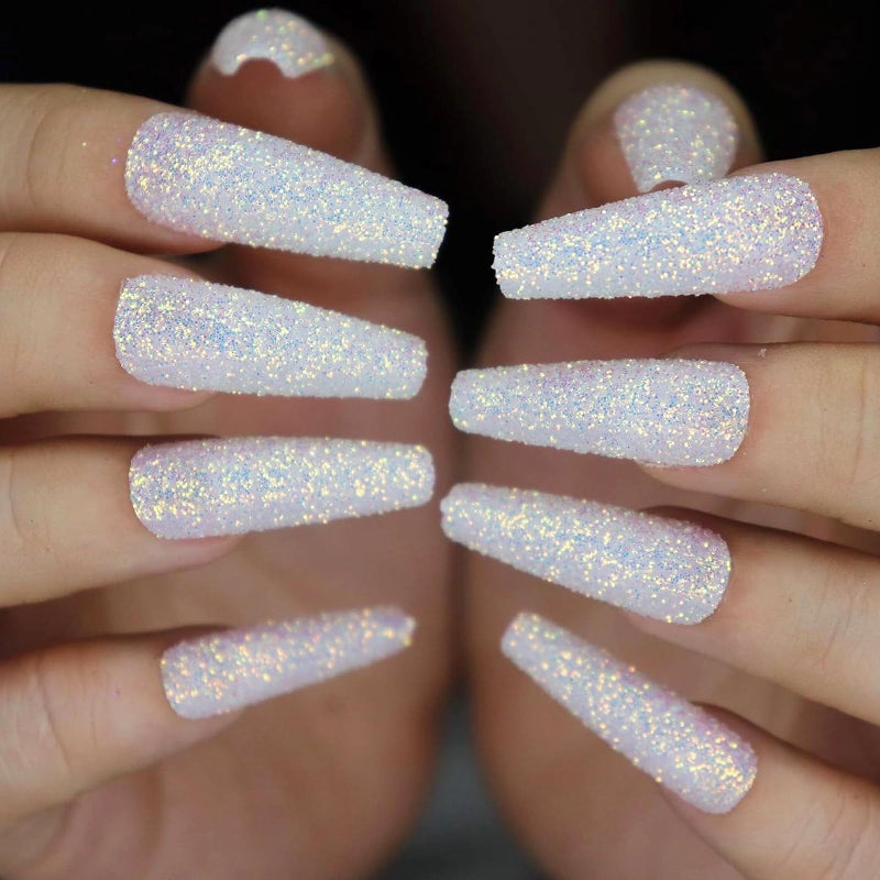 MISUD Press on Nails Long Coffin Fake Nails Bling Glitter Glue on Nails White Acrylic Nails Ballerina Artificial Nails Sparkly Sequins Stick on False Nails with Design 24 pcs
