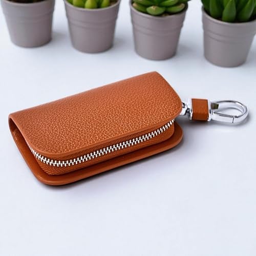 KMH Premium Leather Car Key Wallet Bag | Wallet for Key Pouch Cover Shell Case Holder, Key Zipper Fob Protector | Smart Remote Keychain Holder with Metal Hook Keyring Zipper Bag (Tan) - Image 1