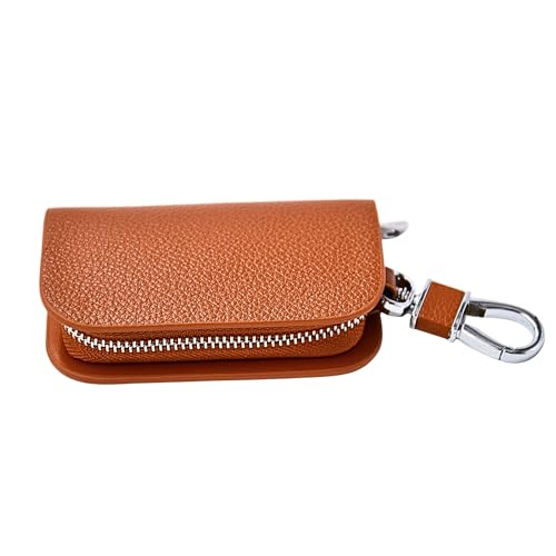 KMH Premium Leather Car Key Wallet Bag | Wallet for Key Pouch Cover Shell Case Holder, Key Zipper Fob Protector | Smart Remote Keychain Holder with Metal Hook Keyring Zipper Bag (Tan) - Image 3