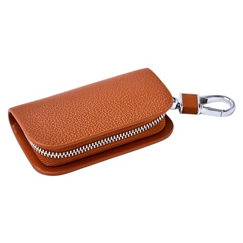 KMH Premium Leather Car Key Wallet Bag | Wallet for Key Pouch Cover Shell Case Holder, Key Zipper Fob Protector | Smart Remote Keychain Holder with Metal Hook Keyring Zipper Bag (Tan) - Image 2