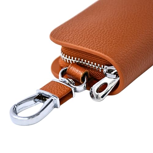 KMH Premium Leather Car Key Wallet Bag | Wallet for Key Pouch Cover Shell Case Holder, Key Zipper Fob Protector | Smart Remote Keychain Holder with Metal Hook Keyring Zipper Bag (Tan) - Image 4