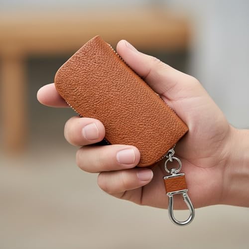 KMH Premium Leather Car Key Wallet Bag | Wallet for Key Pouch Cover Shell Case Holder, Key Zipper Fob Protector | Smart Remote Keychain Holder with Metal Hook Keyring Zipper Bag (Tan) - Image 5