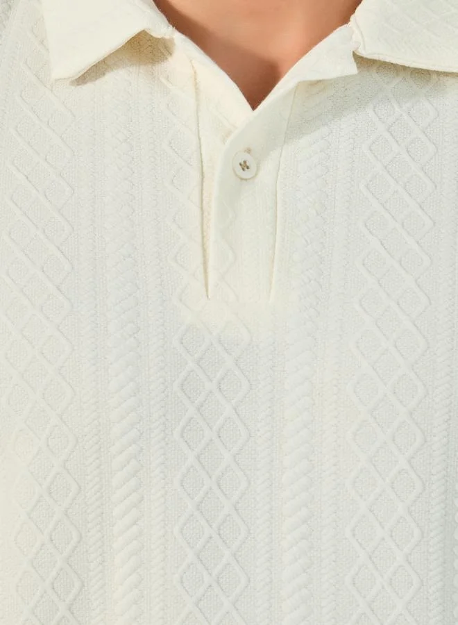 Styli Premium Cable Textured Knit Revere Collar Oversized Polo