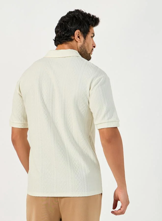 Styli Premium Cable Textured Knit Revere Collar Oversized Polo