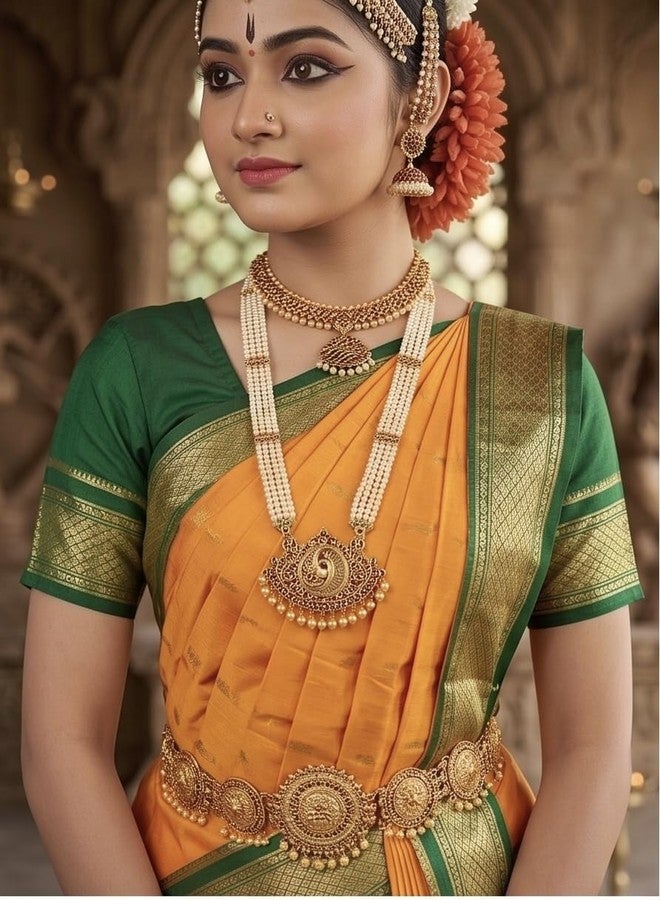 NATYAM Kuchipudi Dance Costume | Imitation Pattu Silk Classical Dress for Girls & Women | Stage Performance Wear (Orange & Parrot Green with Gold Accents, 32) - Image 5