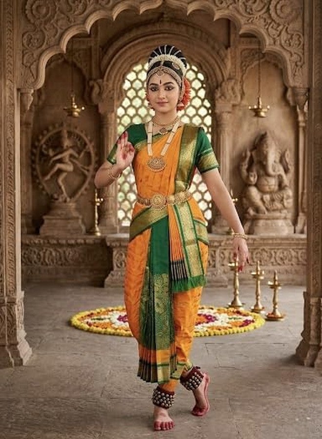 NATYAM Kuchipudi Dance Costume | Imitation Pattu Silk Classical Dress for Girls & Women | Stage Performance Wear (Orange & Parrot Green with Gold Accents, 32) - Image 1