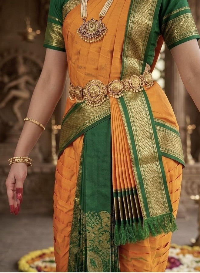 NATYAM Kuchipudi Dance Costume | Imitation Pattu Silk Classical Dress for Girls & Women | Stage Performance Wear (Orange & Parrot Green with Gold Accents, 32) - Image 3