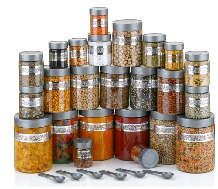 Black Olive Kitchen Storage Jar - 1200ml, 650ml, 350ml & 250ml Transparent Plastic Containers with Lid & Spoon, Star Line Food Storage Dabba Boxes for Pulses, Snacks, Spices (Silver, 16pc) - Image 2