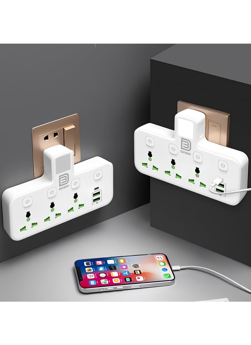 DANEEN 6-in-1 Multi plug power extension socket 3 Outlets, 2 USB Ports, 1 Type-C, LED Night Light, Surge protector, Universal plug adapter 2500W for multiple devices (White)(Model: YS-T06)  - Image 1