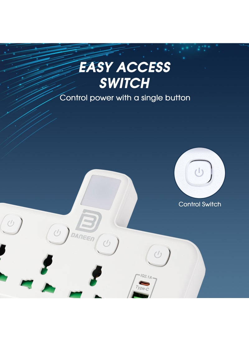 DANEEN 6-in-1 Multi plug power extension socket 3 Outlets, 2 USB Ports, 1 Type-C, LED Night Light, Surge protector, Universal plug adapter 2500W for multiple devices (White)(Model: YS-T06)  - Image 5