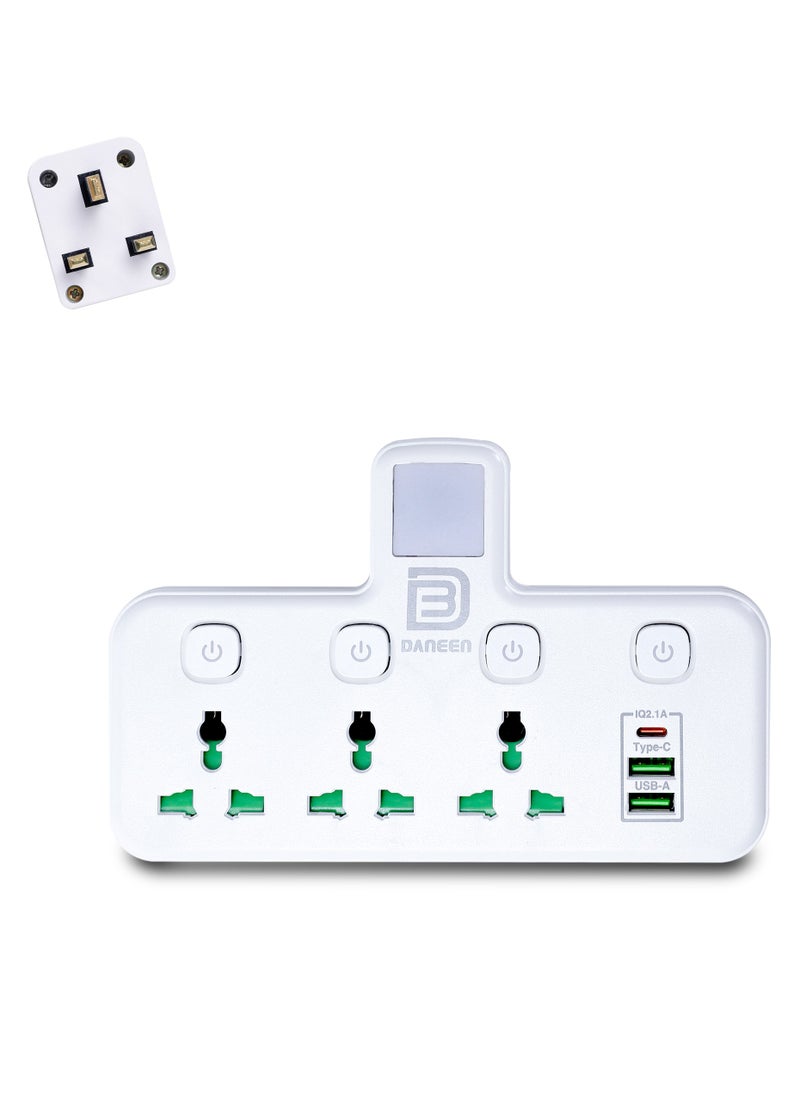 DANEEN 6-in-1 Multi plug power extension socket 3 Outlets, 2 USB Ports, 1 Type-C, LED Night Light, Surge protector, Universal plug adapter 2500W for multiple devices (White)(Model: YS-T06)  - Image 2