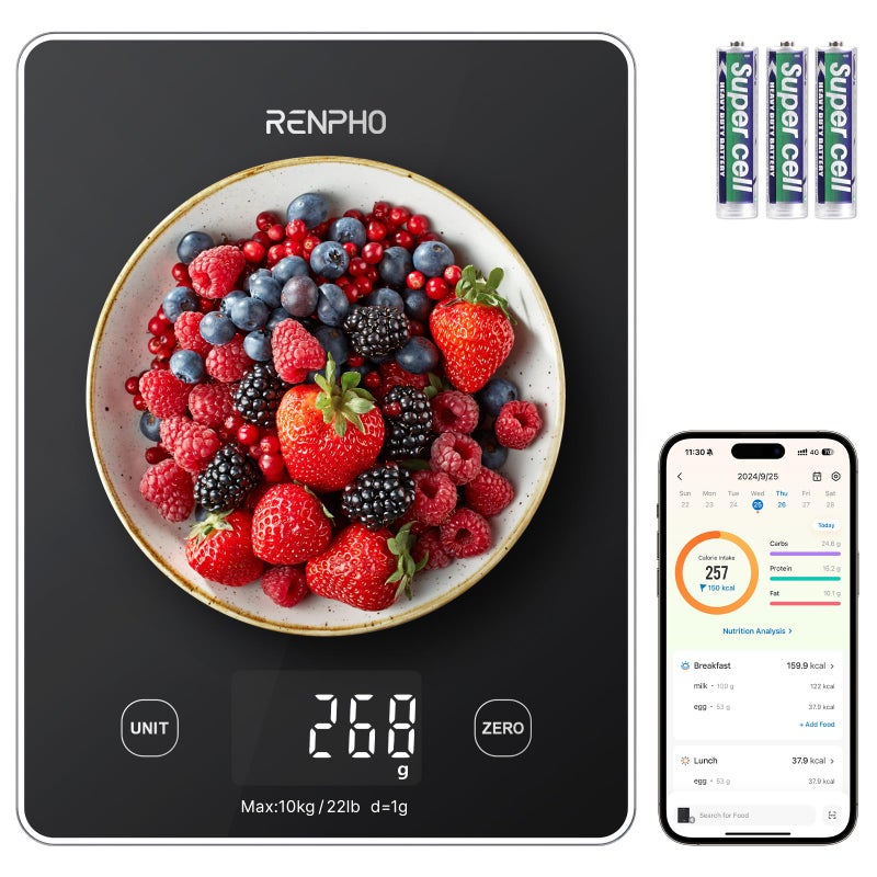 RENPHO Digital Kitchen Scale, Smart Food Weight Scale with Nutritional Calculator, Gram Scale for Weight Loss Cooking Baking Keto Macro Diet, Black Glass, 22lb/10kg - Image 1