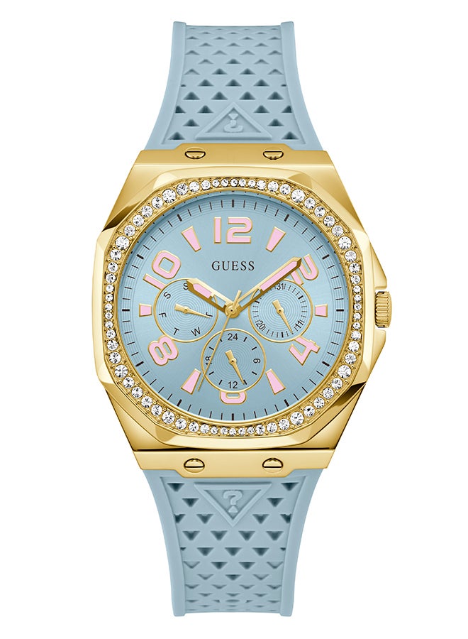 GUESS Ladies Light Blue Gold Tone Multi-function Watch - Image 1