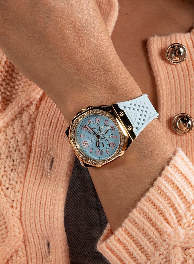 GUESS Ladies Light Blue Gold Tone Multi-function Watch - Image 4