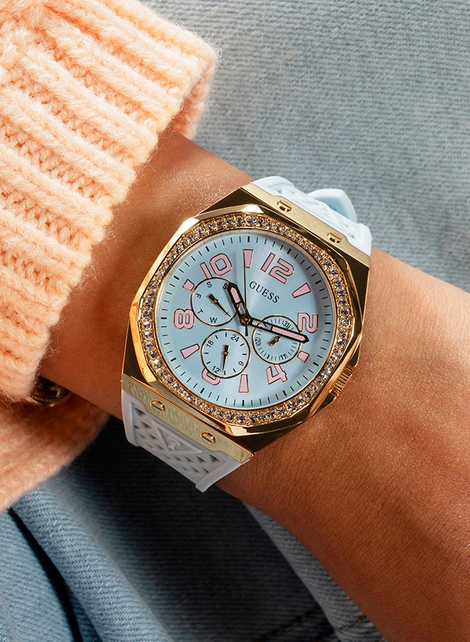 GUESS Ladies Light Blue Gold Tone Multi-function Watch - Image 5