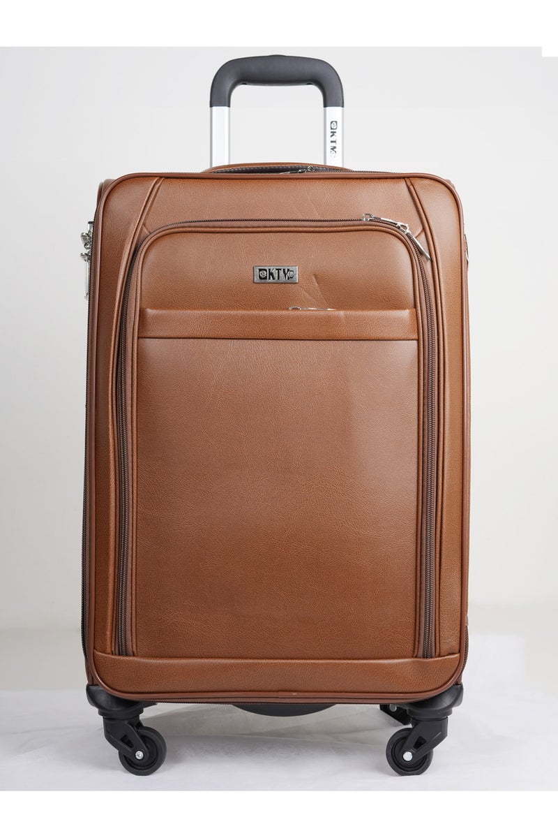 Large Leather Luggage Lightweight Trolley Bag with 4 Spinner Wheels and Built in Combination Lock 30 inch Light Brown