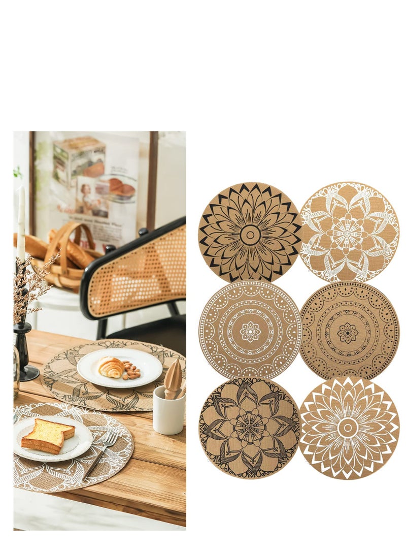 KASTWAVE Boho Round Placemats for Dining Table Washable Heat Resistant PVC Placemats Outdoor Table Mats Jute Retro Table Decor Vintage Coffee Bar Mat Waterproof Dining Mat Bohemian Style  - Image 1