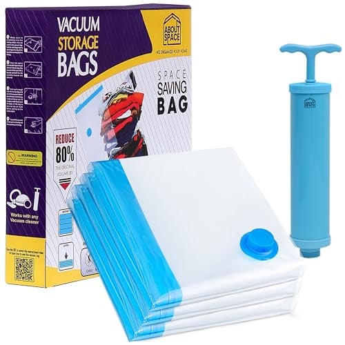 ABOUT SPACE Polyamide Polyethylene Vacuum Compression Bags (4 Pack) with Hand Pump | Medium Zip Seal Compression Storage Bags | Heavy-Duty Airtight Reusable Space Saver Luggage Organizer (Blue) - Image 1