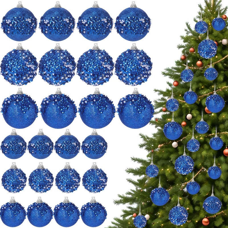 Poen 24 Pcs Glitter Christmas Ball Ornaments Set Christmas Tree Ornaments Hanging Sequin Foam Christmas Balls Decoration for Xmas Tree Wreath Garland Christmas Home Decor Wedding Party(Blue) - Image 1