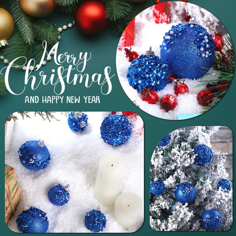 Poen 24 Pcs Glitter Christmas Ball Ornaments Set Christmas Tree Ornaments Hanging Sequin Foam Christmas Balls Decoration for Xmas Tree Wreath Garland Christmas Home Decor Wedding Party(Blue) - Image 4